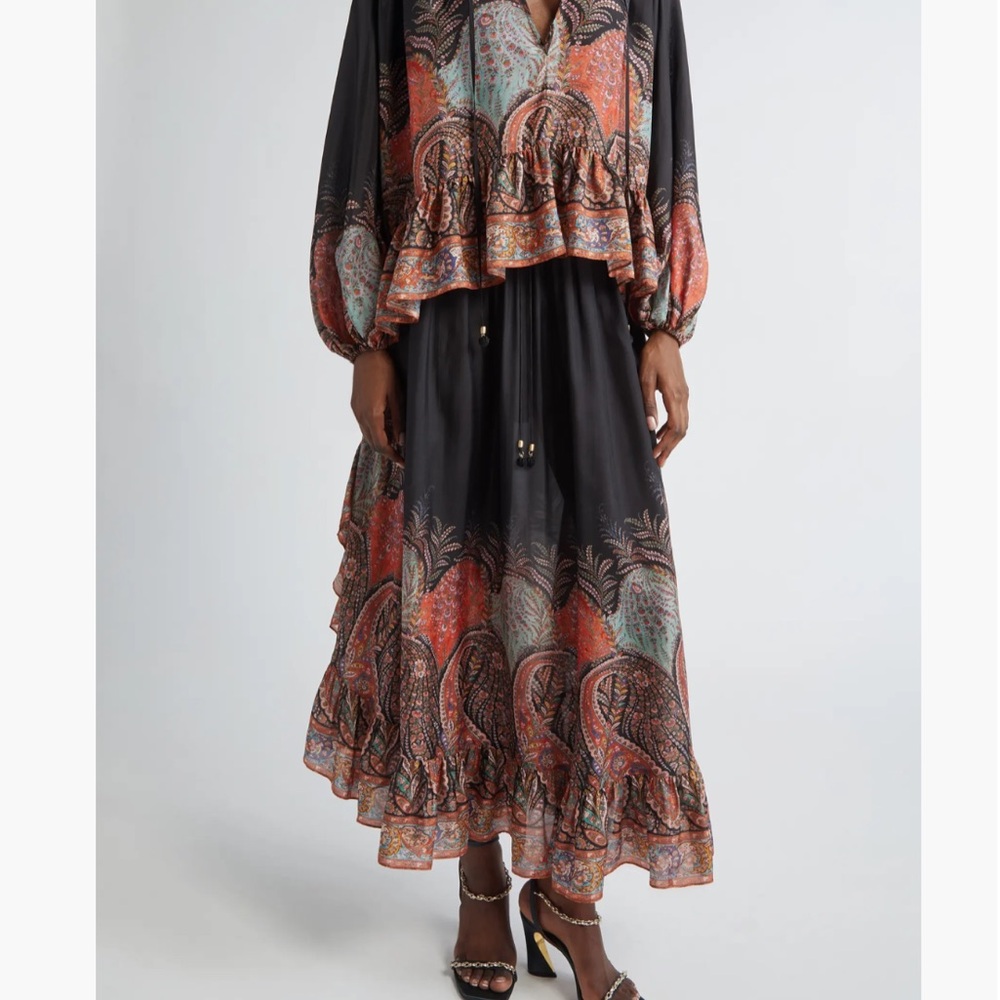 Zimmermann Rhiannon Paisley Print Ruffle Silk Maxi Skirt